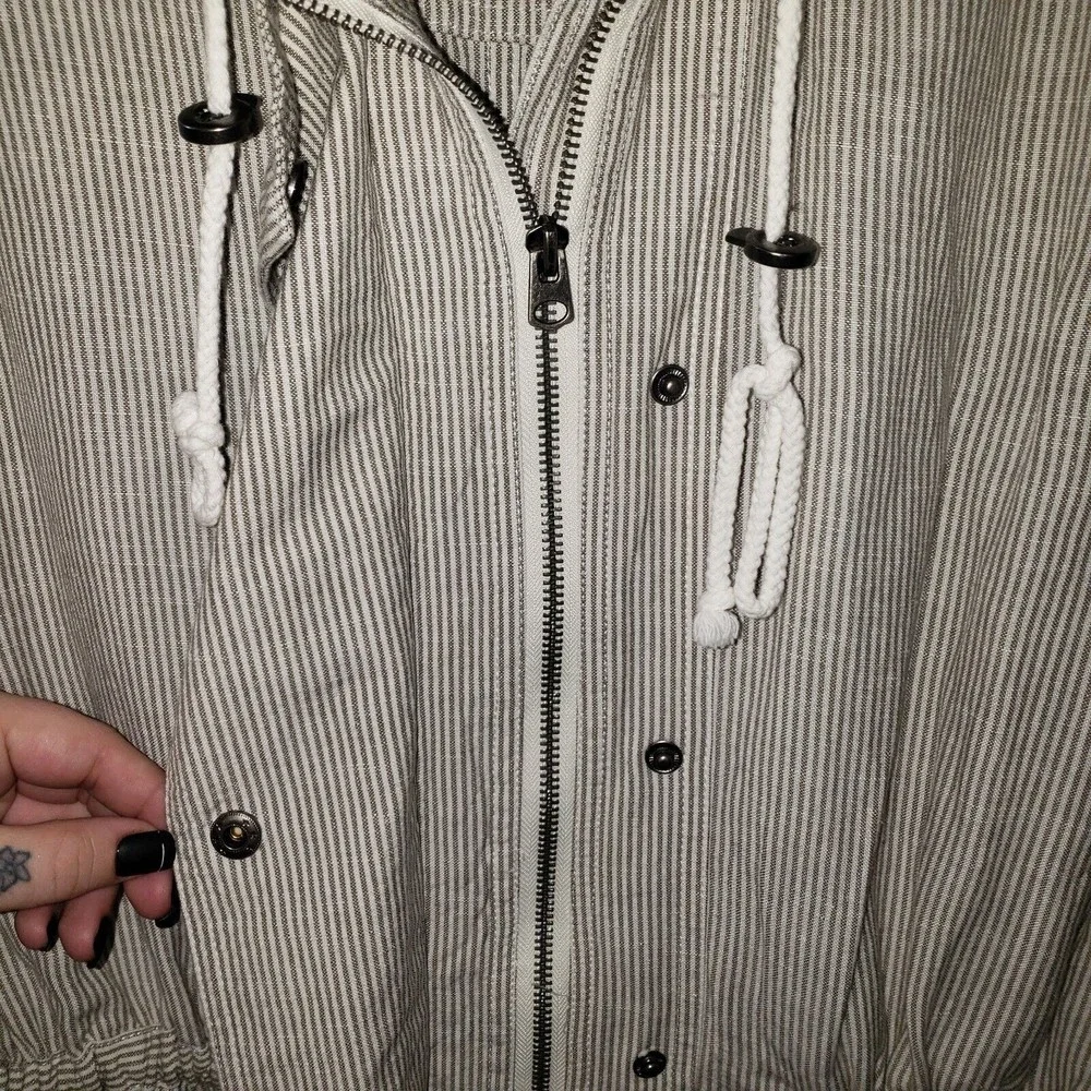 Lucky Brand Sz L Women's Linen Blend Striped Jacket Full Zip Waist Drawstring - Picture 6 of 12